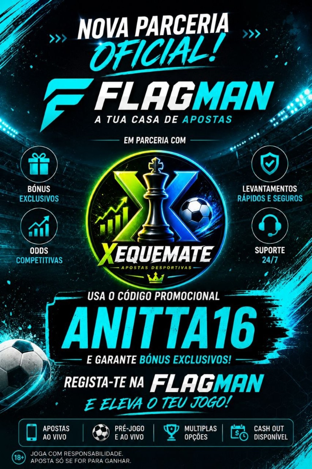 Cartaz de parceria XEQUEMATE e FLAGMAN