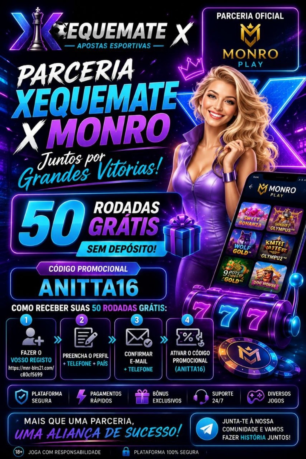 Cartaz de parceria XEQUEMATE e Monro Play